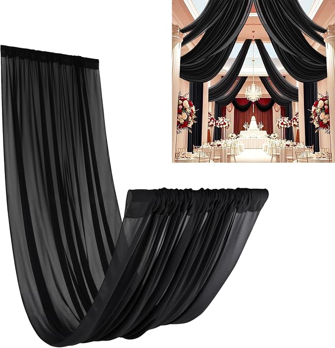 DUOBAO Black Chiffon Sheer Wedding Backdrop Curtains 5x20 FT - 6 Panels Tulle Drapes Fabric for Stage Tent Canopy, Birthday Arch Drapery, Photography Background with Rod Pocket