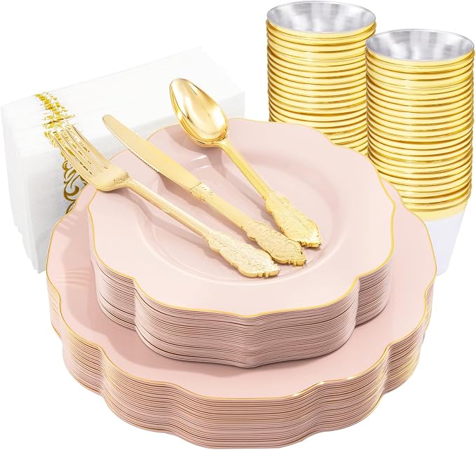 NOCCUR 175PCS Pink Plates with Gold Disposable Silverware - Include 50 Pink Plastic Plates,25 Knives,25 Forks,25 Spoons,25 Cups and 25 Napkins - Ideal for Party/Wedding/Banquet/Baby Shower