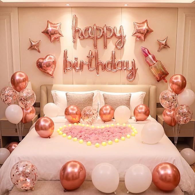 Realspring 170 Pcs Rose Gold Birthday Decorations for Women Birthday Room Decorations for Party Bedroom with Lipstick Heart Star Balloons Rose Gold Foil Fringe Curtains Pink Confetti Tea Light