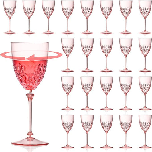 24 pcs Plastic Pink Wine Glasses Set 7.4oz Detachable Small Wine Goblet Champagne Flutes Unbreakable Vintage Diamond Stemware Mimosa Drinking Glassware for Wedding Christmas Event Party