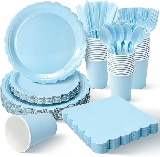 Vyntra 350 Pcs Light Blue Disposable Paper Plates and Napkins Set for 50, 9" Dinner Plates & 7" Dessert Plates, Tableware for Baby Shower, Birthday, Picnic, Party