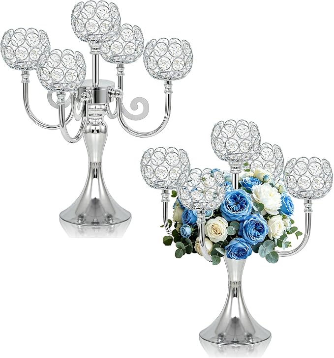 5 Arm Metal Crystal Candelabra Centerpiece - 13.4 Inch Elegant Candle Holder with Crystal Beads for Wedding Party Christmas Home Dining Table Decoration (2, Silver)