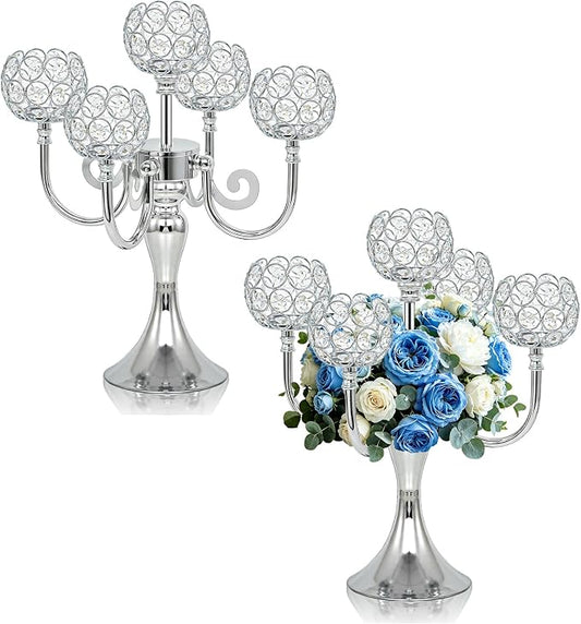 5 Arm Metal Crystal Candelabra Centerpiece - 13.4 Inch Elegant Candle Holder with Crystal Beads for Wedding Party Christmas Home Dining Table Decoration (2, Silver)