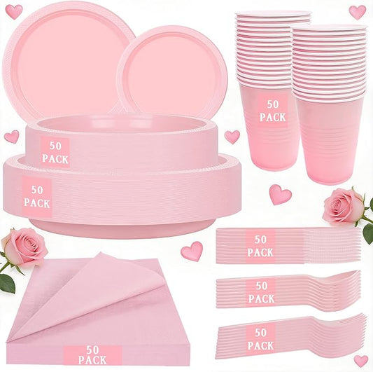 MirthMood 350pcs Pink Plates Disposable Including Pink Plastic Plates, 12OZ Cups, Plastic Cutlery and Napkins Serve 50 Guests for Spring Wedding,Birthday Party Dinner,Daily Use