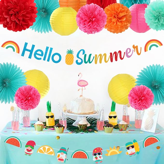 Summer Luau Hawaiian-Beach Party-Decorations Supplies - 21pcs Hello Banner,Pool Paper Lanterns Honeycomb,Hanging Streamers Garland,Tissue Pom Poms Flowers Fans,Tropical Outdoor Theme Decor Burgleda