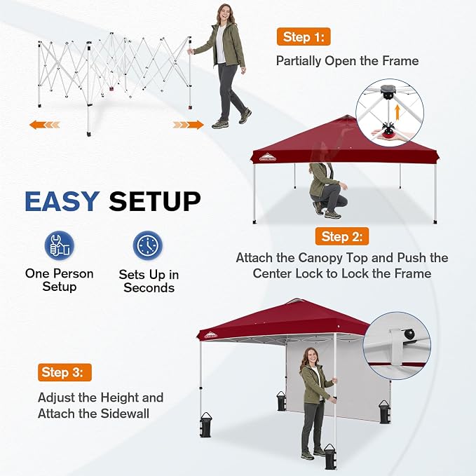 EAGLE PEAK Commercial Canopy 10x10 Pop Up Canopy Tent with 1 Sidewall, Easy Setup Heavy Duty Instant Event Shelter for Vendors & Markets, Outdoor Sun Shade, Burgundy