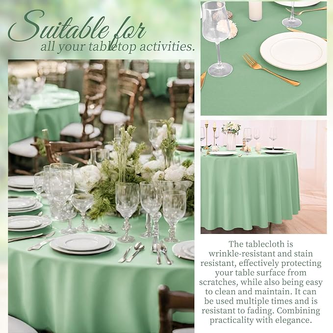 10 Pack Sage Green Round Tablecloth 90 Inch, Waterproof Polyester Fabric Table Cloth for Round Tables, Stain Wrinkle Resistant Tablecloths Washable Table Cover for Wedding Dining Party Banquet