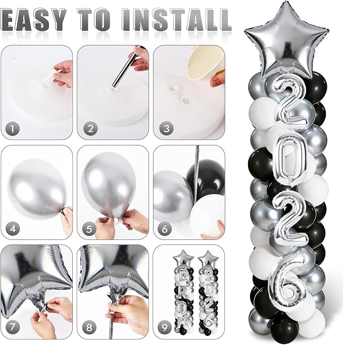2 Sets Graduation Balloon Column Stand Kits with 132 PCS Silver Black White Latex Balloons 2026 Letters 6.5 Ft Adjustable Metal Tube Telescopic Tower Pillar with Base for Graduation Party Decoration