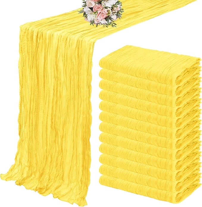 12 Pack Cheesecloth Table Runner 35 x 120 inch Long Boho Cheese Cloth Gauze Table Runners Semi Sheer Table Runner for Wedding Decor, Bridal Shower, Birthday Party (Yellow)