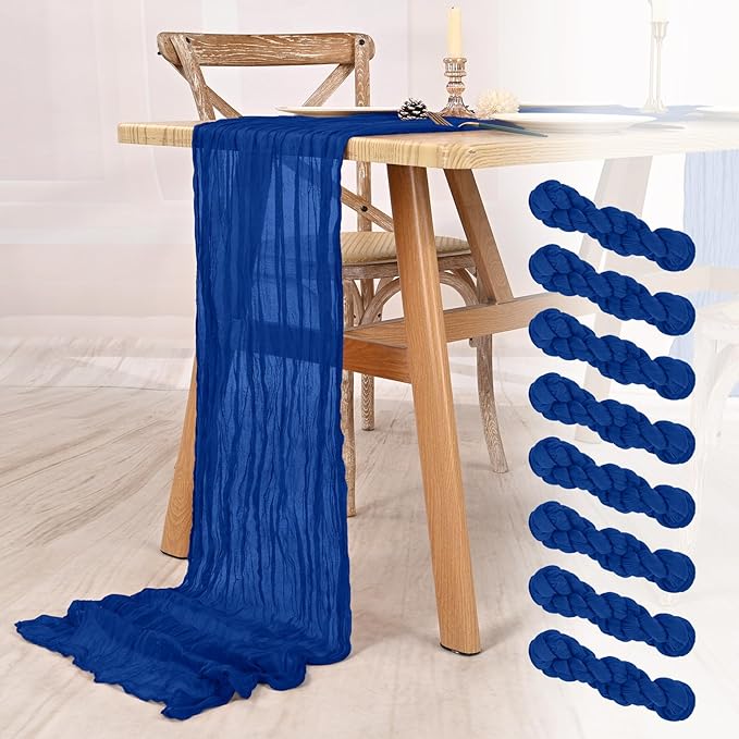 8 Pack Royal Blue Cheesecloth Table Runner 10FT Boho Gauze Cheese Cloth Table Runner Rustic Sheer Fabric Table Runners for Wedding Bridal Shower Baby Shower Party(21.5×120 Inch)