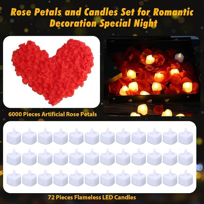 Acejoz Rose Petals and Candles Set, 6000 Pieces Fake Rose Petals and 72 Pieces Heart Candle Lights for Bedroom Romantic Decorations for Special Night, Wedding, Anniversary, Valentines Day