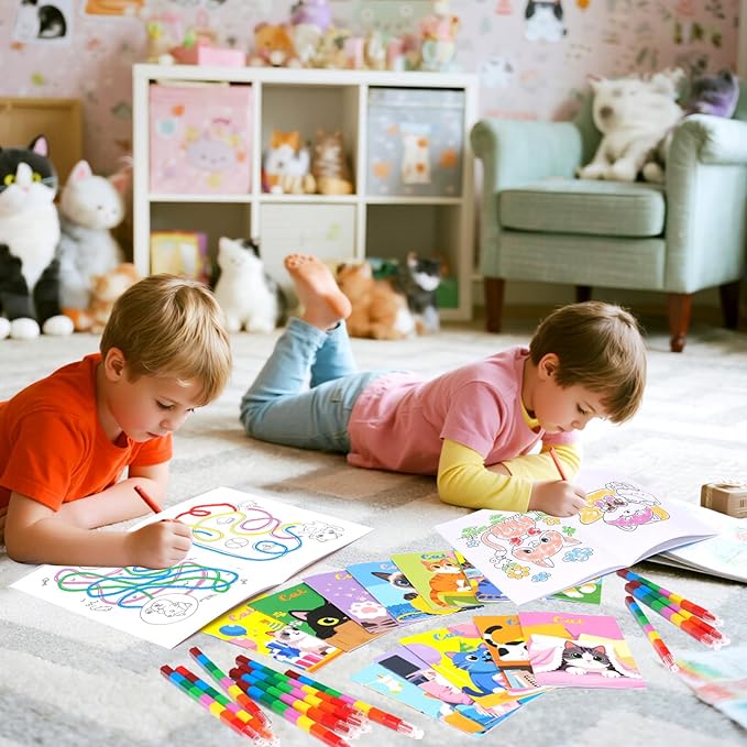 BenLouis 24 Cat Mini Coloring Books Kids with 24 Stacking Crayons Cute Kitten Small Party Favors Activity Books Bulk for Kids Pet Goodie Bag Gift Stuffer Classroom Reward