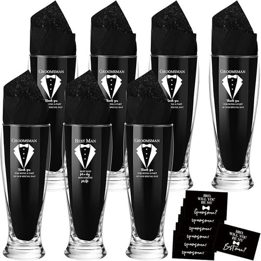 Nuanchu Set of 7 Groomsman Proposal Gifts Best Man Gift Beer Glass Set with Tuxedo Glasses Will You Be My Groomsman Cards Tissue Paper for Bachelor Party(16 oz,Pilsner Glasses)
