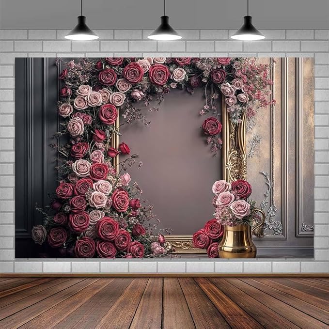 12X10ft Retro Wall Wedding Backdrops Frame Style Pink Red Rose Flowers Purple Wall Background Medieval Interior European Style Photo Background Bridal Birthday Girls Women Decoration Backdrop