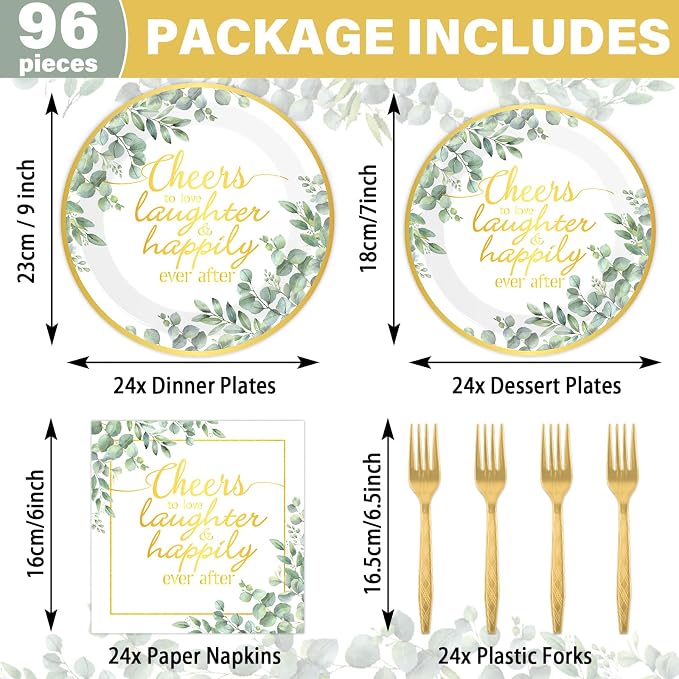 96Pcs Eucalyptus Leaves Bridal Shower Party Supplies Cheer to Love Birthday Plates and Napkins Sage Green Tableware Disposable Dessert Dinnerware for Wedding Engagement Anniversary Decor for 24 Guest
