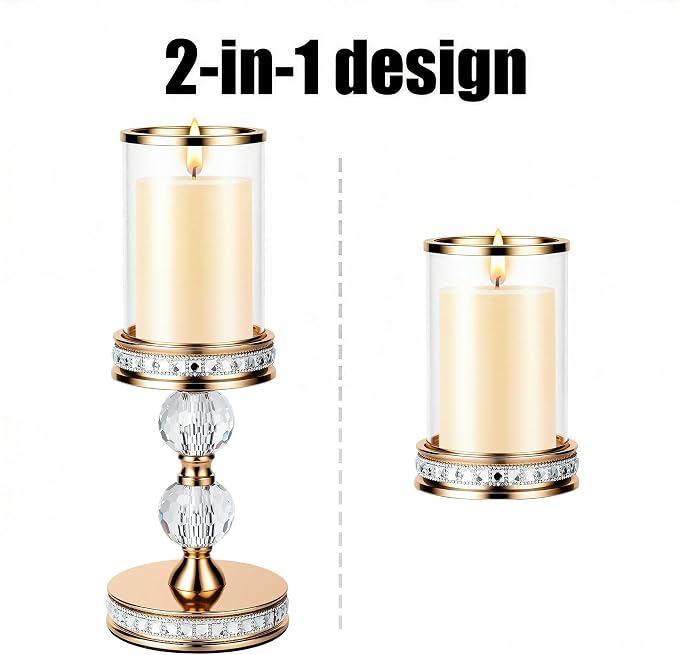 12.4" Tall Hurricane Candle Holder, Pillar Candle Holders with Glass Sleeve with Gift Box, Crystal Candle Stands for Home Warming, Weddiing, Dining Room Decor, Table Centerpiece (2, Gold, M)