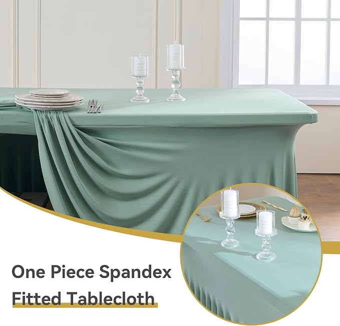 Outpain Dusty Green Spandex Table Clothes for 6 Foot Rectangle Tables-4Pack 6FT Spandex Fitted Table Cover, Wrinkle Free Tablecloths with Skirt for Parties, Wedding, Birthday, Banquet, Festival