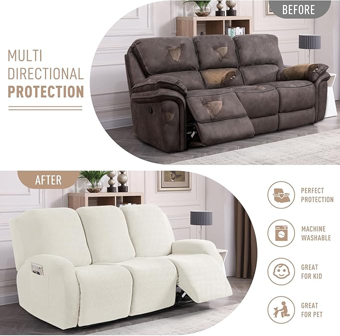KinCam Recliner Covers, Stretch Reclining Chair Covers, Recliner Sofa Slipcovers Stripe Jacquard Recliner Couch Covers Furniture Protector Covers for Pet Kid (3 Seater, Cream)