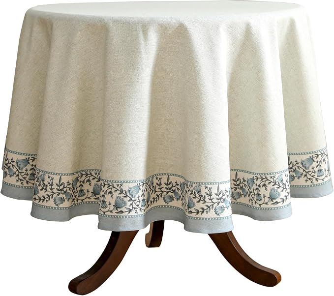 ISAENNE Designer Linen Round Tablecloth,Diameter 67"-Segerman B | Chinoiserie Vintage Elegant Floral Durable Table Cloth,Beautiful,Heavyweight,Dining Room,Tea Party,Kitchen,Thanksgiving