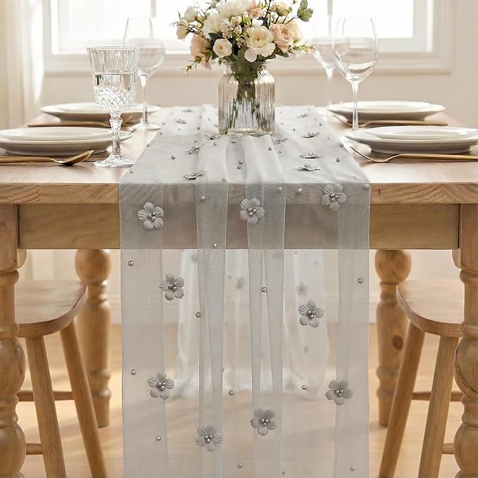 Artoid Mode Gray Flower Pearl Gray Gauze Table Runner 10FT, Seasonal Sheer Dining Holiday Wedding Birthday Baby Shower Table Decor for Home Party