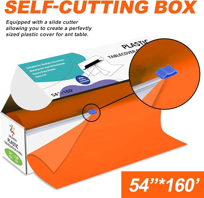 54IN X 160FT Plastic Table Cover Roll with Cutter Box, Cut to Size Plastic Table Cloths for Parties, Birthday, Disposable Tablecloth Roll for All Shape Tables (Orange, 54 Inch X 160 Feet)
