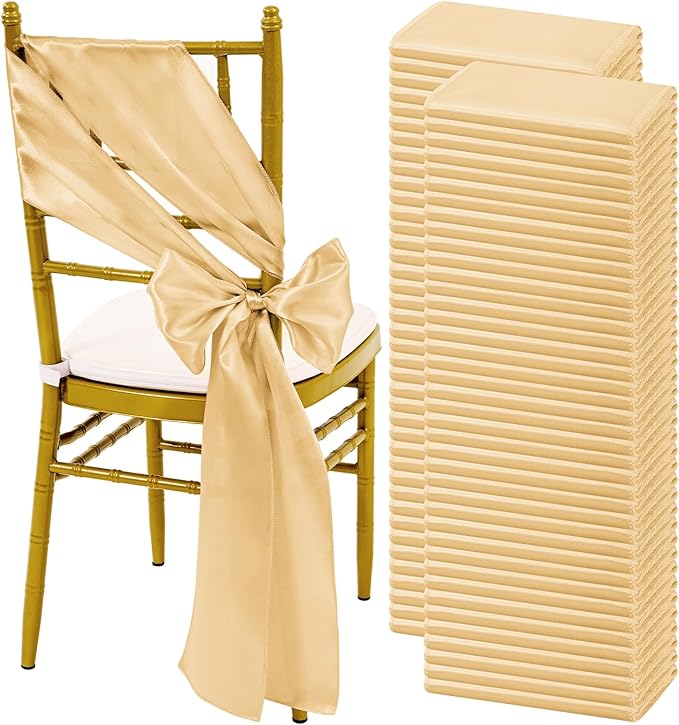 120 PCS Champagne Satin Chair Sashes, Ties Bows Designed Sashes for Washable Reusable Chair Covers Supplies for Wedding Reception Events Banquets Party Hotel Event Aisle Decorations (7 x 108 inch)
