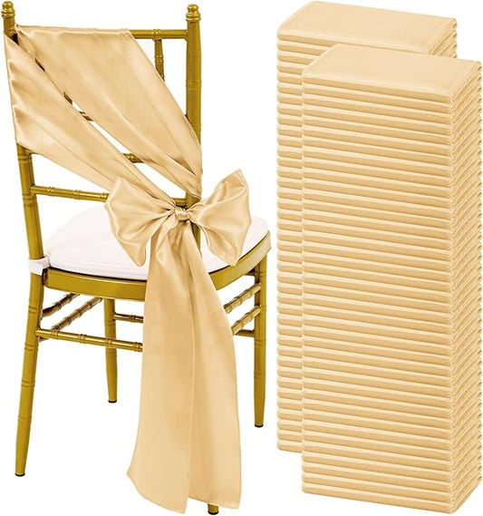 120 PCS Champagne Satin Chair Sashes, Ties Bows Designed Sashes for Washable Reusable Chair Covers Supplies for Wedding Reception Events Banquets Party Hotel Event Aisle Decorations (7 x 108 inch)