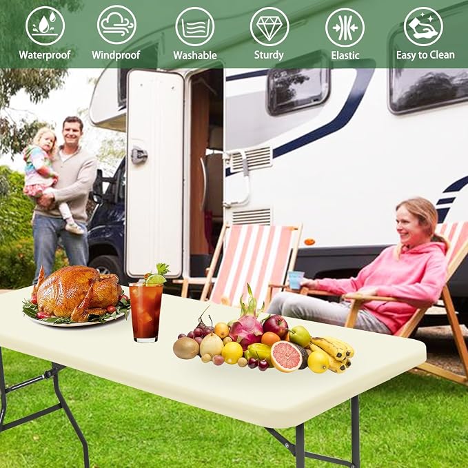 8 Foot Table Cover Fitted 10 Pack Picnic Elastic Tablecloth for Rectangle Tables Waterproof Stretch Washable Folding Indoor Outdoor Spandex Table Cloth for Parties Banquet Camping (Beige,30" x 96")