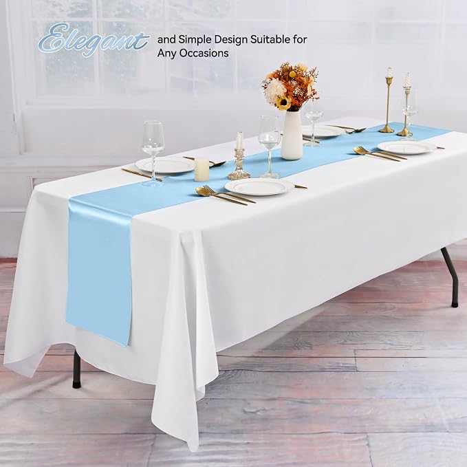 24 Pack Light Blue Satin Table Runners 12 x 108 Inch Long Sky Blue Table Runners for Rectangle Round Tables, Smooth Satin Table Runner for Wedding,Birthday Party Banquets Engagements Decoration