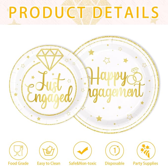 250 Pcs Happy Engagement Party Decorations White Gold Diamond Ring Plates Napkins Cups Disposable She Said Yes Tableware Set for Wedding Bridal Shower Just Engaged Party Supplies Serves 50