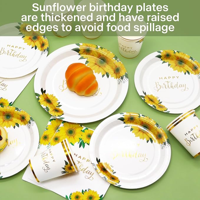 168Pcs Sunflower Birthday Decorations for Women Girls, Happy Birthday Plates and Napkins for Women, Sunflower Plates Serve 24, Yellow Party, Spring Summer Fall Easter Mothers Day