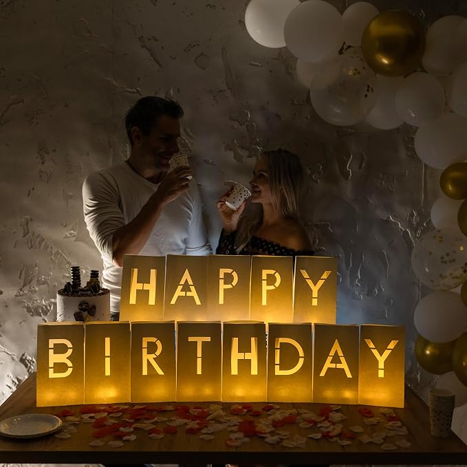 WYMM Happy Birthday Decorations for Women & Men - Surprise Set with Light Up Letters, 30 Tea Light Candles, 2000 Red & Pink Rose Petals - Luminary Bags to Create a Beautiful Happy Birthday Banner Sign