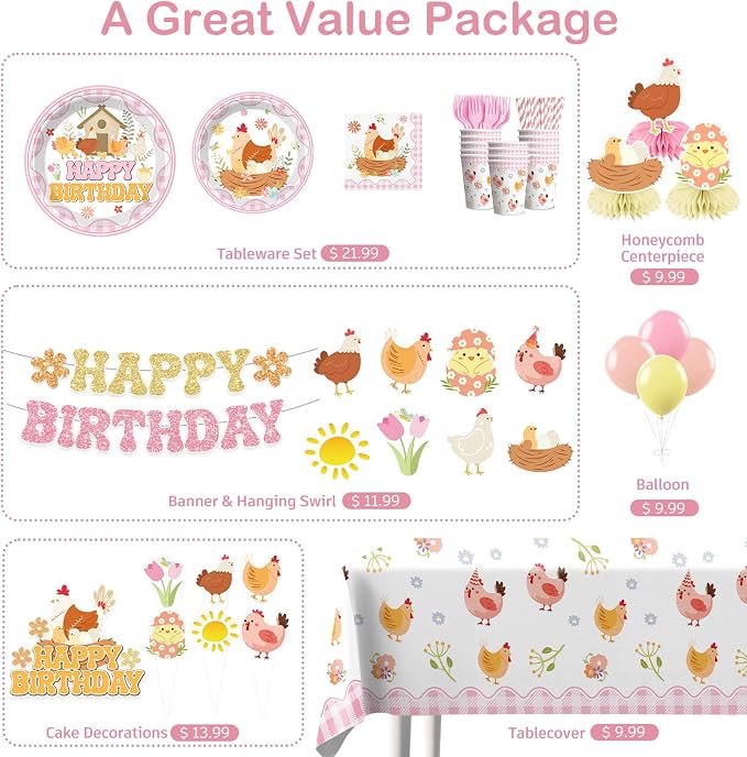 Xynic 213pcs Chicken Birthday Decorations, Convenient Disposable Tableware Set Includes Waterproof Tablecloths 350gsm Plates Centerpieces and Banner, Chicken Party Decorations Serve 25