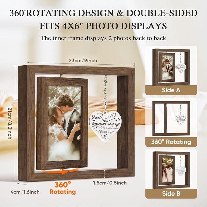 2 Year Anniversary Picture Frame Gifts for Him Her Couple Men Women Husband Wife Boyfriend Girlfriend,Best 2nd Anniversary Wood Cotton Gifts, Two Year Second Anniversary Wedding Gift