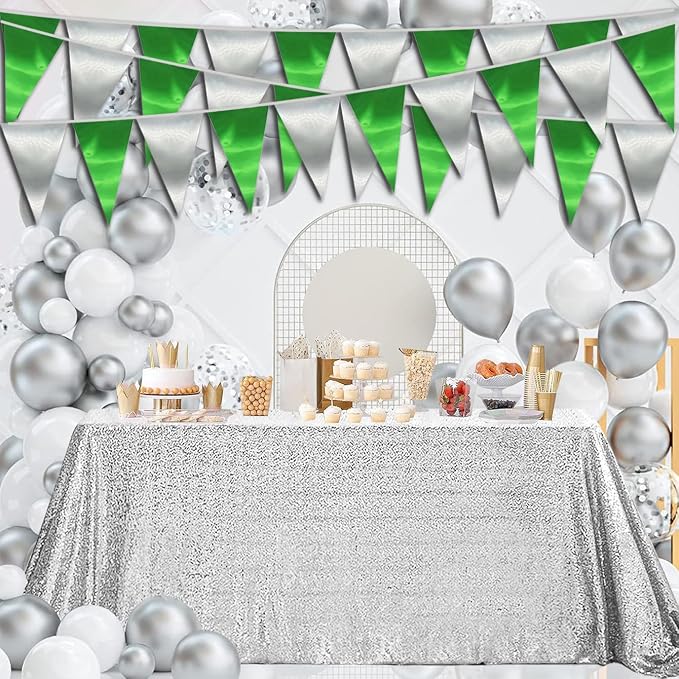 40M/130FT Green Silver Triangle Pennant Banner Flag Metallic Fabric Bunting Garland for Christmas Graduation Wedding Engagement Anniversary Bachelorette Birthday Bridal Shower Hen Party Supplies