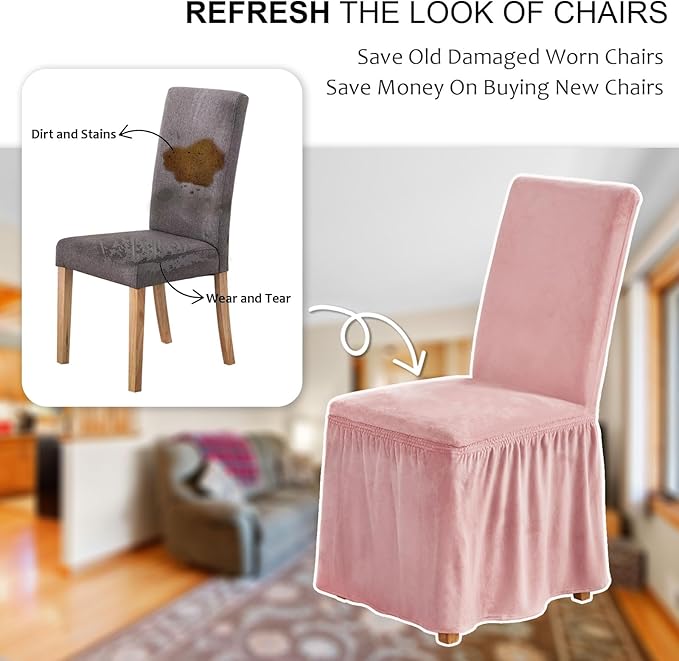 NICEEC Spandex Chair Covers for Dining Chairs Covers Set of 4 Removable Dining Room Chair Covers with Skirt Parson Chair Slipcovers Washable Chair Protector for Kitchen Wedding Banquet(Pink)