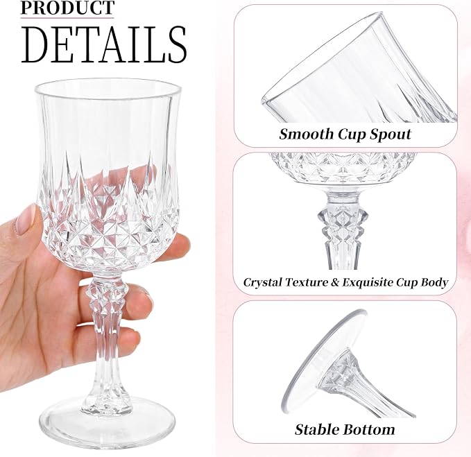 24Pack Transparent Plastic Wine Glasses,Vintage Plastic Goblets for Parties, Transparent Drinking Glasses Crystal Water Goblets Reusable for Wedding Reception, Grand Event Party Supplies