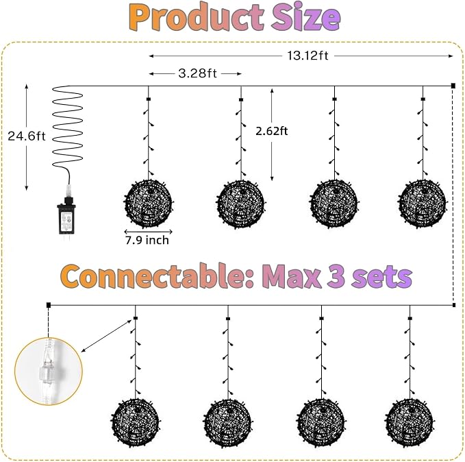Outdoor Christmas Balls Lights 4 Pack Hanging 7.1" LED Garden Sphere Tree Lights 8 Modes Waterproof Glow Globe Lights with Memory Timer Plug for Yard Porch Eave Patio Home Indoor Decoration-Multicolor
