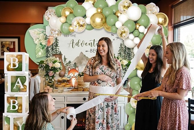140PCS Woodland Adventure Baby Shower Decorations, Let The Adventure Begin Mountain Baby Shower Supplies, Sage Green Balloon Garland Kit, BABY Boxes, Backdrop Banner