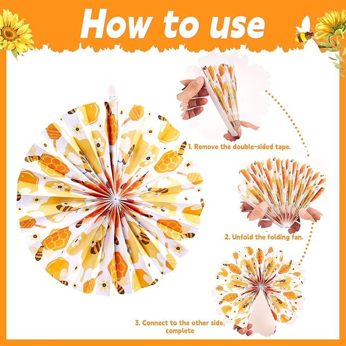 SUNBEAUTY Sunflower Party Decorations Sunflower Birthday Paper Fan Decorations with Bees Yellow White Sun Flower Wall Hanging for Baby Shower Summer Garden Party Classroom Bulletin Board Decoration