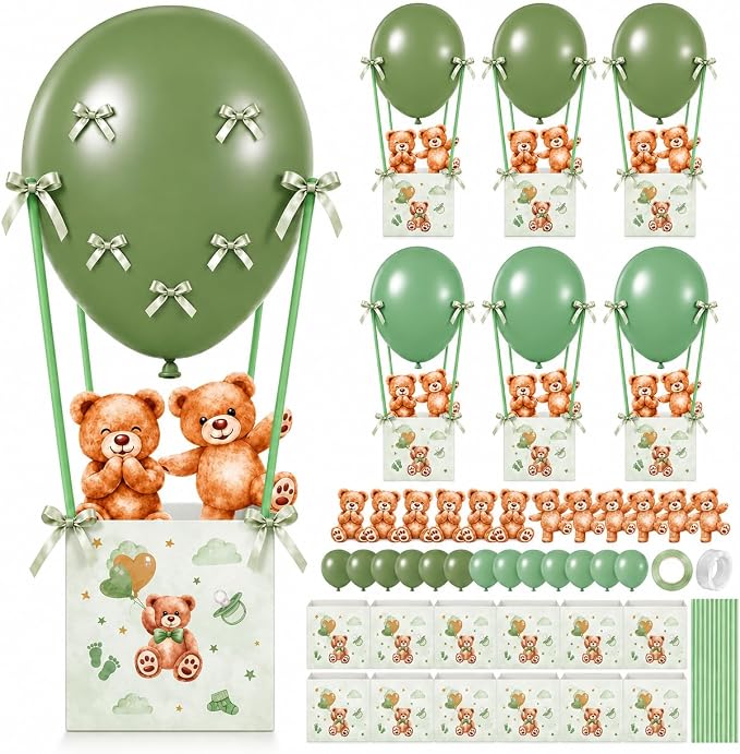 Cinrobiye 12 Sets Teddy Bear Baby Shower Centerpieces for Tables, Bear Favor Boxes with Balloons, Ribbons Paper Straws, DIY Table Decorations for Gender Reveal, Baby Shower, Birthday Party Supplies