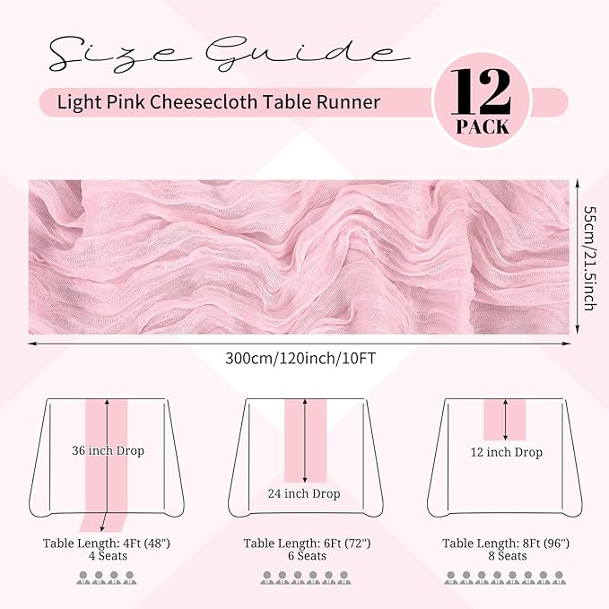 12 Pack Light Pink Cheesecloth Table Runner 120 inch Fall Thanksgiving Boho Rustic Gauze Farmhouse 10FT Cheese Cloth Runner for Baby Shower Wedding Party Holiday Home Decor