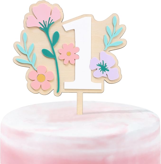 Wooden Wildflower Cake Topper - Wildflower First/1st Birthday Party Decorations,Flower 1st Cake Topper,Girl First Birthday Party Decorations (Flower-1)