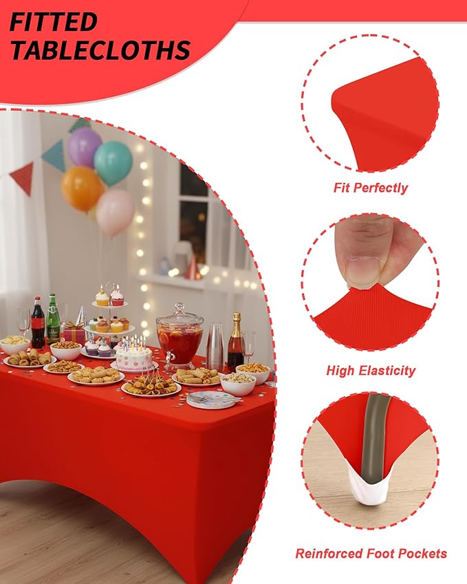 Fixwal Red Stretch Table Cloth Rectangle 2 Pack 6Ft, Spandex Fitted Table Covers Washable for Party, Trade Show, Banquet, Wedding, Buffet