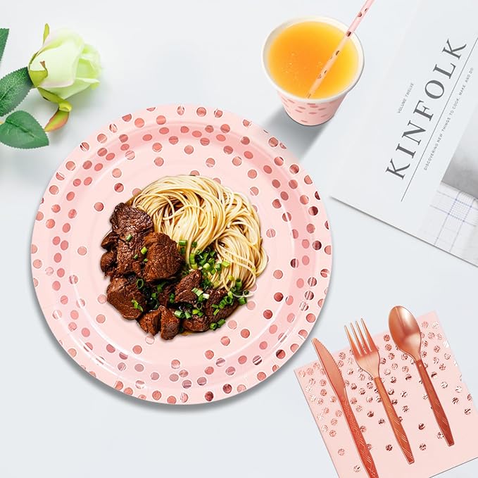 Nkaiso 193 Pcs Pink and Rosegold Paper Plates and Napkins Party Supplies Sets Include Pink Party Plate Cup Napkin Plastic Cutlery for Baby Shower, Wedding, Birthday Decoration -24 Guest