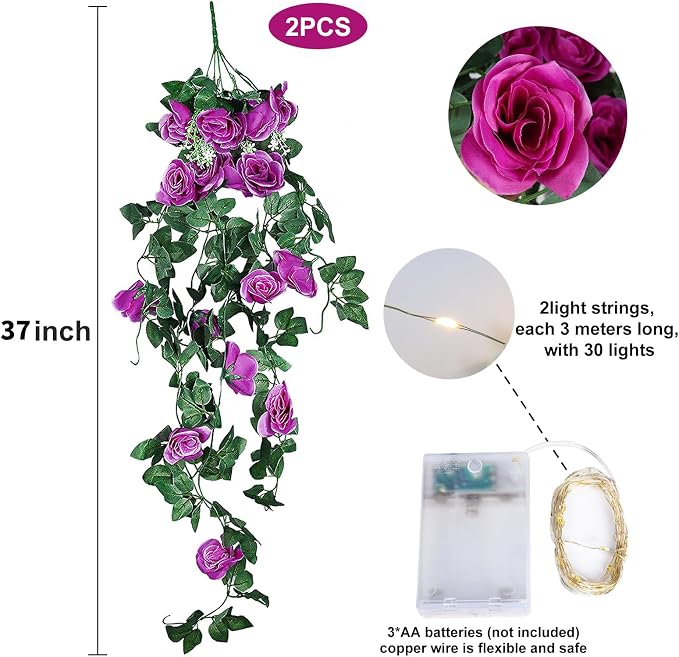 RECUTMS Artificial Hanging Rose Flower Plants, 2PCS 37 Inch Fake Purple Silk Floral Ivy Garlands with 30 LED Fairy String Lights for Home Room Garden Easter Graduation Arrangement Indoor Outdoor Decor