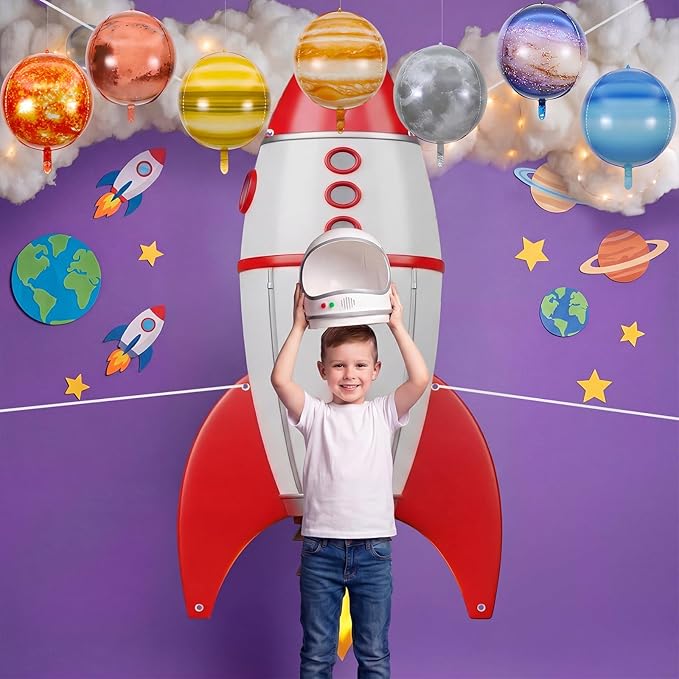 Thenshop Space Classroom Galaxy Decor for 2026 Vbs Ceiling Ornament, 34.45 x 70.87 inch Rocket Ship Backdrop Banner Solar Balloons LED Fairy Lights for Vacation Bible School Class Decor