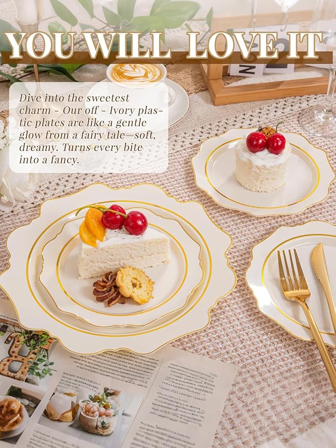 WDF 100PCS Ivory Plastic Plates with Gold Rim - Cream Plastic Plates - Include 50 Dinner & 50 Dessert Fancy Disposable Plate for Party - Heavy Duty Beige Plate for Baby Shower/Wedding/Mother's Day