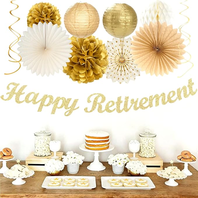 Beige-Gold Happy Retirement Party Decorations Banner Women Men Huglony | 21pcs Retiree Farewell Banner,Streamers,Paper Lanterns,Pom Poms Fans,Work Teacher Retirement Supplies Backdrop Favors
