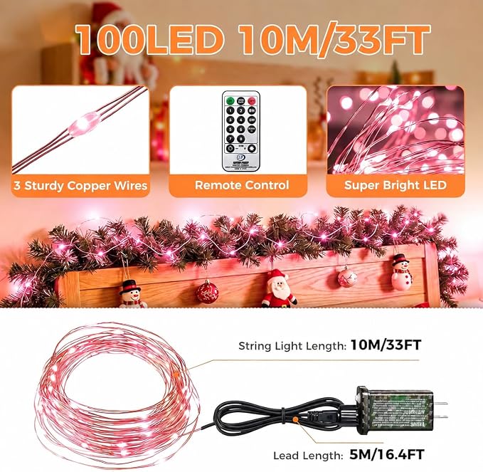btfarm Fairy Lights Plug in with Remote, 33FT 100 LED Outdoor Twinkle Lights Waterproof with Timer, 8 Modes Indoor String Lights for Bedroom Patio Garden Wedding Christmas Decoration, Pink